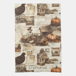 Vintage Autumn Collage Rustic Sepia Ephemera Tea Towel