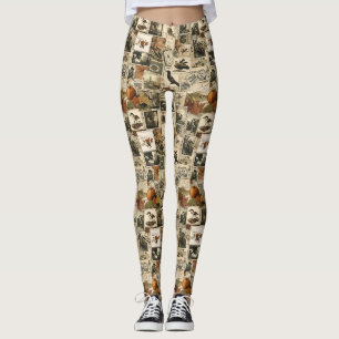 Vintage Autumn Ephemera Collage   Rustic Birds (2) Leggings