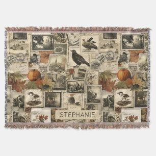 Vintage Autumn Ephemera Collage   Rustic Birds (2) Throw Blanket