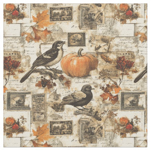 Vintage Autumn Ephemera Collage Rustic Birds Fabric