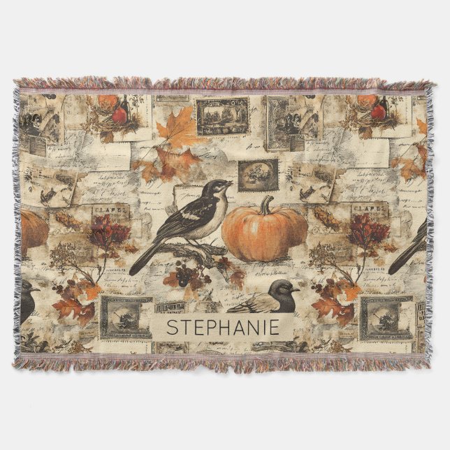 Vintage Autumn Ephemera Collage | Rustic Birds Throw Blanket (Front)