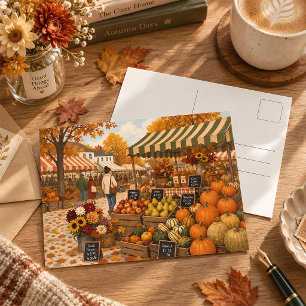 Vintage Autumn Farmers Market Harvest Illustration Postcard