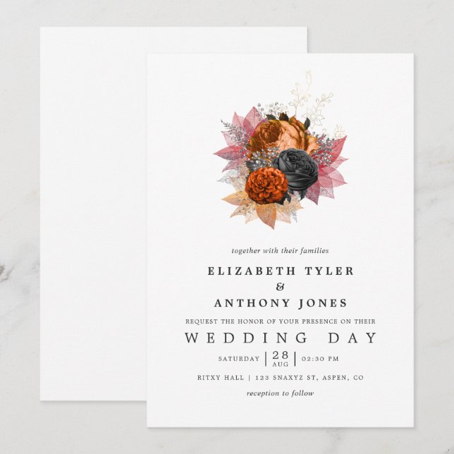 Vintage Autumn Floral Bouquet Wedding Invitation (Front/Back)