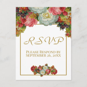 Vintage Autumn Floral Gold Wedding RSVP Postcard