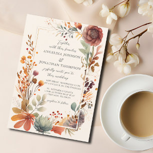Vintage Autumn Floral Ivory Boho Fall Wedding Invitation