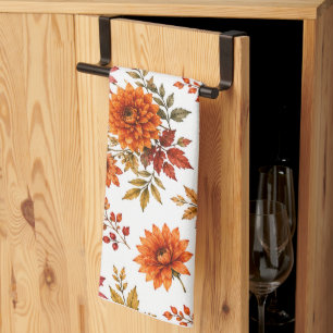 Vintage Autumn Floral Pattern with Sunflowers Tea Towel