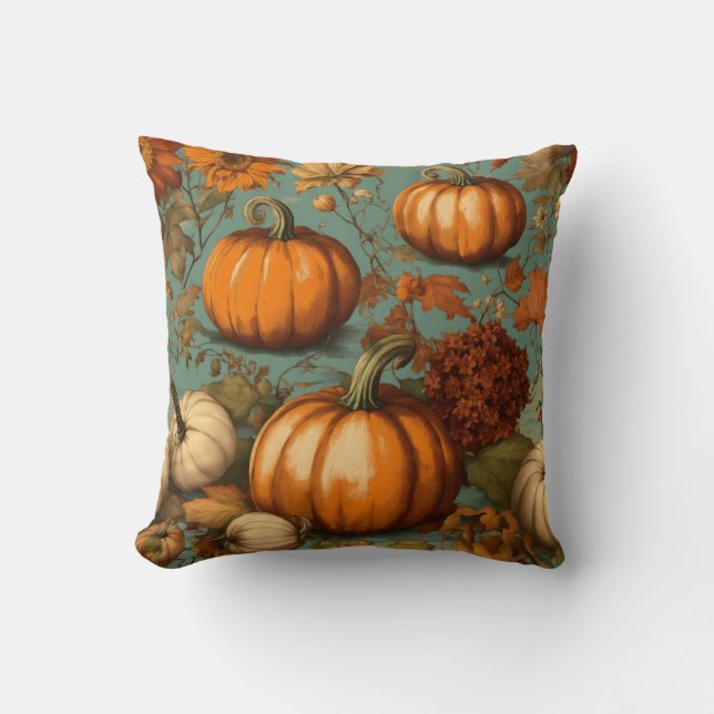  "Vintage Autumn Flowers & Pumpkins - Cushion (Front)
