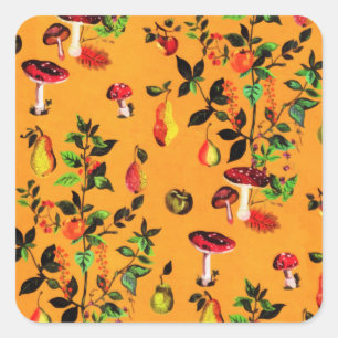 Vintage Autumn Forest Mushroom Fruit Watercolor Square Sticker