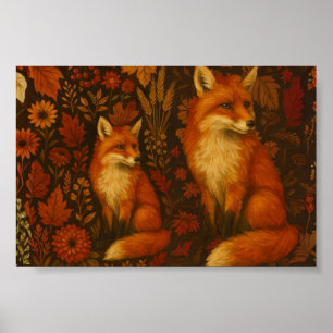 Vintage Autumn Fox Couple Poster