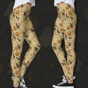 Vintage Autumn Ghosts & Black Cats Halloween Leggings
