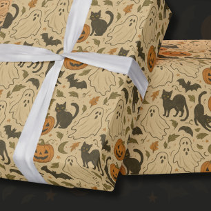 Vintage Autumn Ghosts & Black Cats Halloween Wrapping Paper
