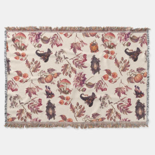 Vintage Autumn Halloween Botanical Pattern Throw Blanket