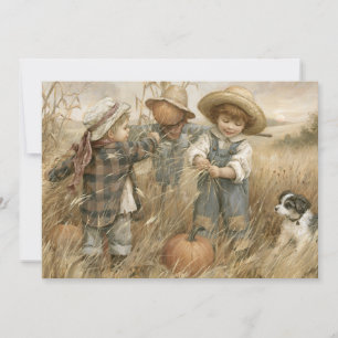 Vintage Autumn Harvest Children Scarecrow Pumpkin Card