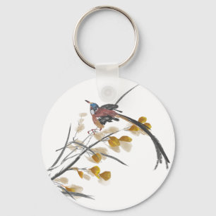Vintage Autumn Leaves Paradise Flycatcher Bird Key Ring