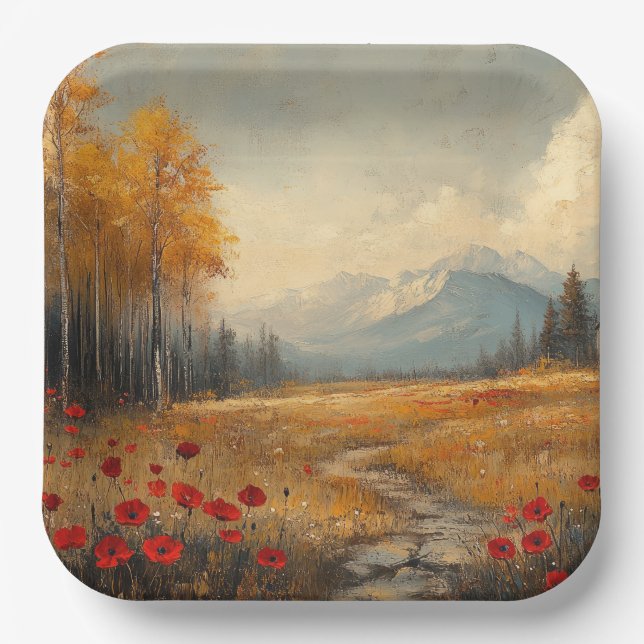 Vintage Autumn Meadow Painting Poppies Paper Plate (Front)