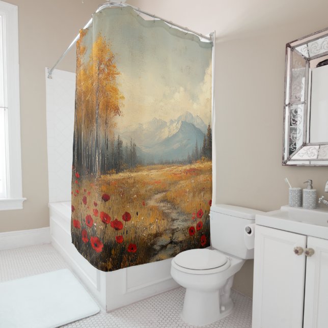 Vintage Autumn Meadow Painting Poppies Shower Curtain (In Situ)