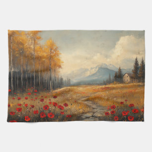 Vintage Autumn Meadow Painting Poppies Tea Towel