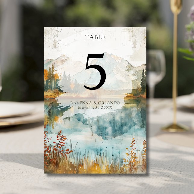 Vintage Autumn Mountain Lake Fall Wedding Table Number (Creator Uploaded)