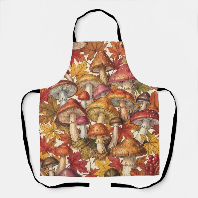Vintage Autumn Mushroom Forest Botanical Pattern Apron (Front)