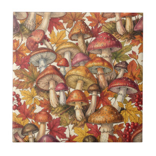 Vintage Autumn Mushroom Forest Botanical Pattern Ceramic Tile