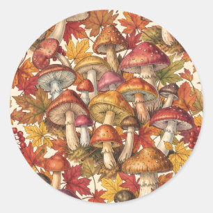 Vintage Autumn Mushroom Forest Botanical Pattern Classic Round Sticker
