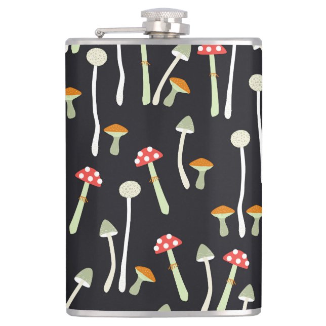 Vintage autumn mushrooms pattern design. hip flask (Front)