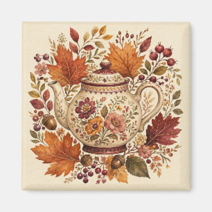 Vintage Autumn Teapot Fall Leaves Botanical Magnet