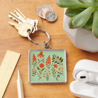 Vintage Autumn Wildflower Botanical Collage Key Ring