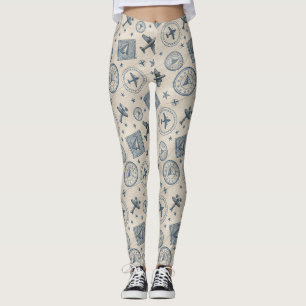Vintage Aviation Passport Stamp Pattern (1) Leggings