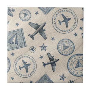 Vintage Aviation Passport Stamp Pattern Ceramic Tile