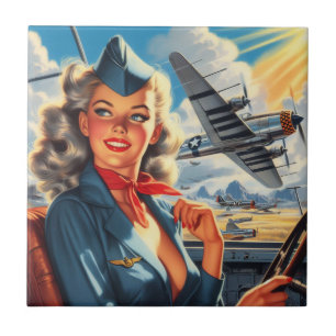 Vintage Aviation Pin Up Ceramic Tile