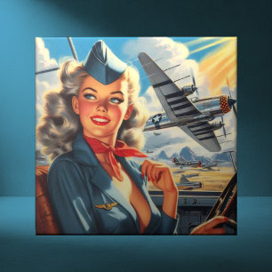 Vintage Aviation Pin Up Ceramic Tile