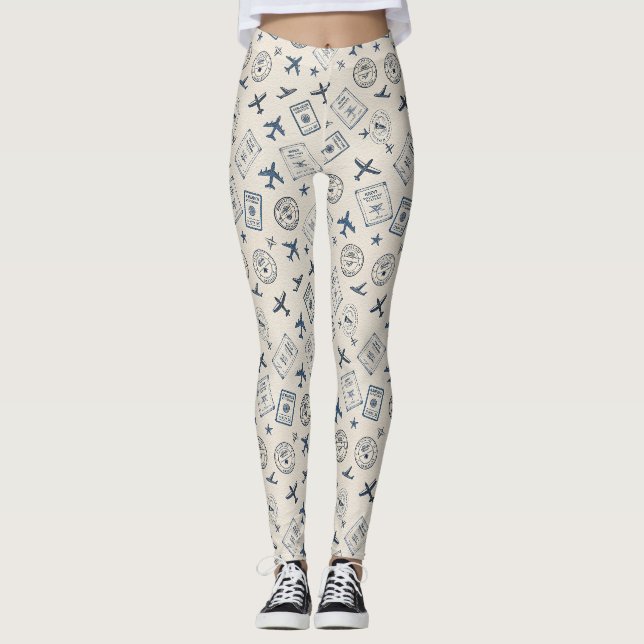 Vintage Aviation Travel Pattern Leggings (Front)