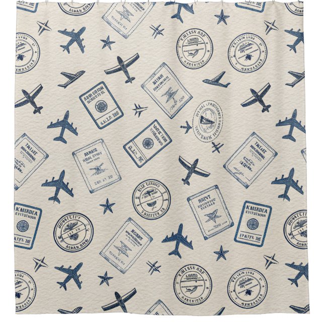 Vintage Aviation Travel Pattern Shower Curtain (Front)