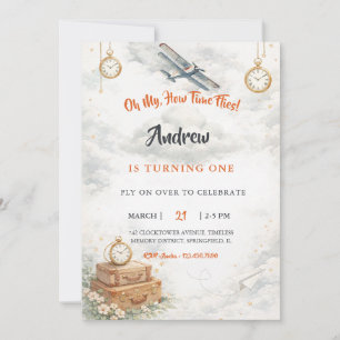 Vintage Aviation Watercolor Time Flies Biplane Invitation