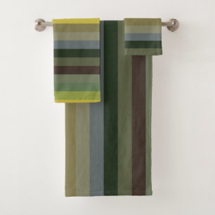 Vintage Avocado & Olive Retro Stripe Pattern Bath Towel Set