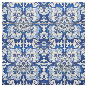 Vintage Azulejo Tile Floral Pattern Fabric