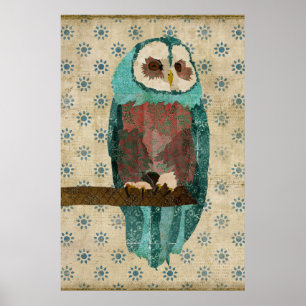 Vintage Azure & Blush Owl Art Poster
