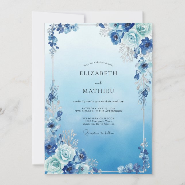 Vintage Azure Petal Wedding Invitation (Front)