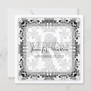 Vintage B&W Damask Monogram Wedding Invitations