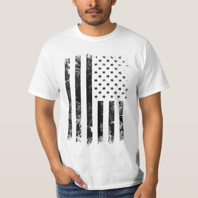 Vintage B&W Patriotic American Flag T-Shirt (Front)