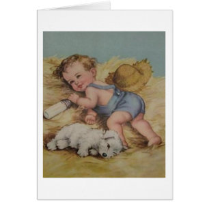 Vintage Baby And Puppy In Haystack Card