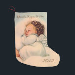 Vintage Baby Angel Wings sleeping in cloud Small Christmas Stocking<br><div class="desc">Personalise this darling vintage image of a baby angel girl asleep in the clouds. The back of the stocking has the Angel of God Prayer in calligraphy. Credit: Prints available at artprintsanddecor.com</div>