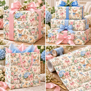 Vintage Baby Animals Toile Blue Pink Sage Wrapping Paper