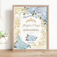 Vintage Baby Blue Roses Cinderella Quinceanera