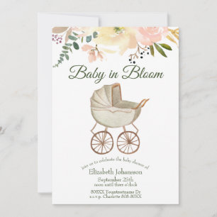 Vintage Baby Buggy and Floral Baby in Bloom Invitation