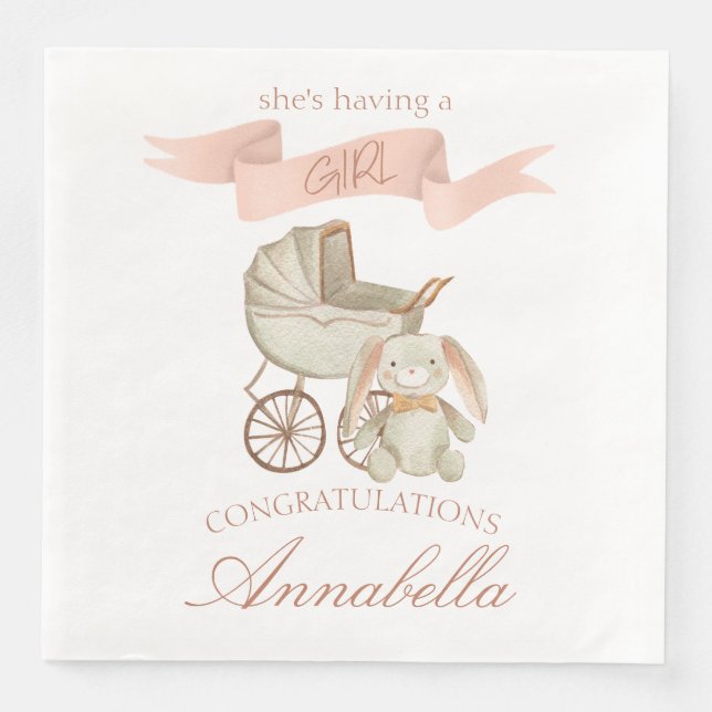 Vintage Baby Carriage and Bunny Baby Girl Napkin (Front)