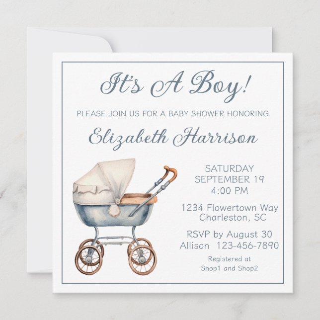 Vintage Baby Carriage Baby Boy Shower Invitation (Front)