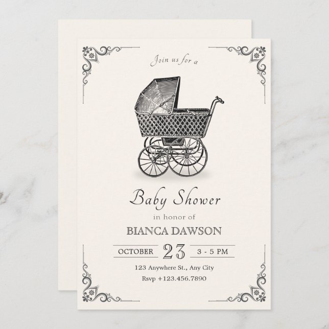 Vintage baby carriage baby shower invitation (Front/Back)