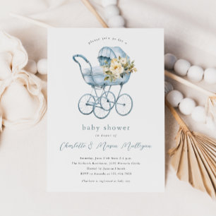Vintage Baby Carriage Blue Couples Baby Shower Invitation
